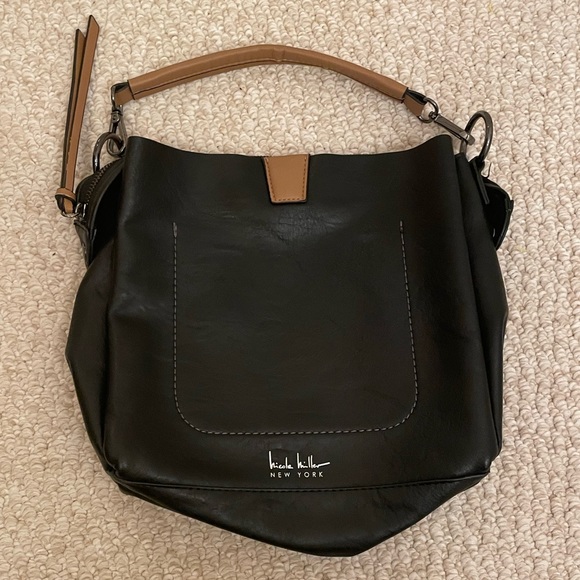Nicole Miller Black Purse with Brown Handle and Zip Top with Multiple Pockets - Picture 2 of 10